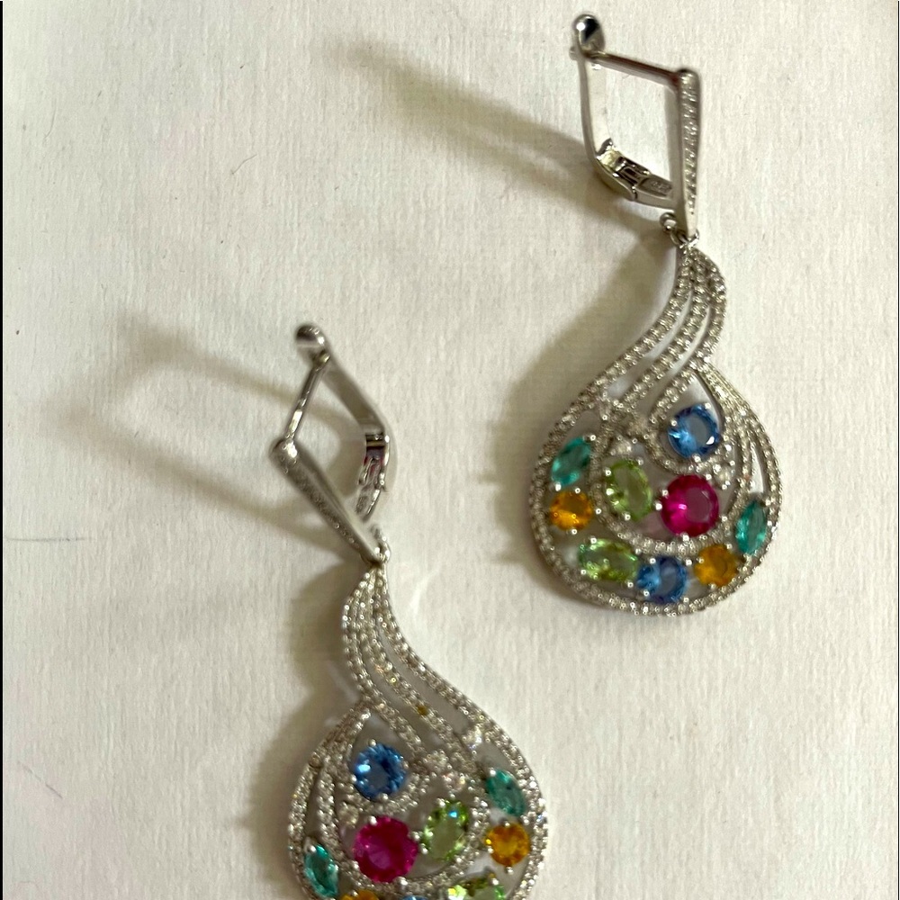 Multiple stone teardrop chandelier sterling silver earrings